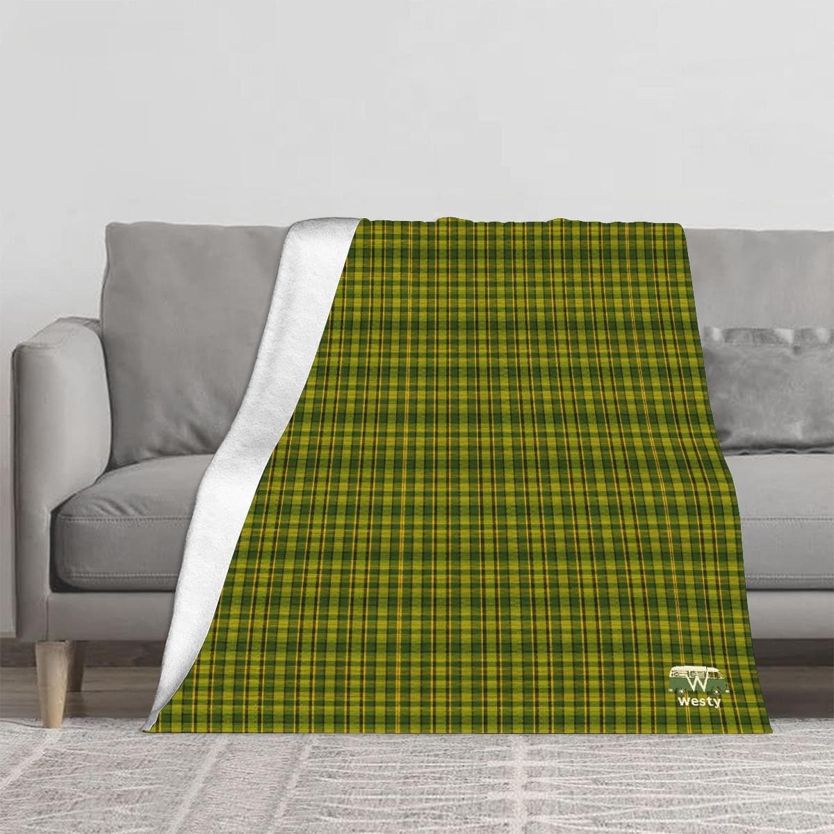 Westy Green Plaid Flannel Throw Blanket - VW Camper Van Road Trip