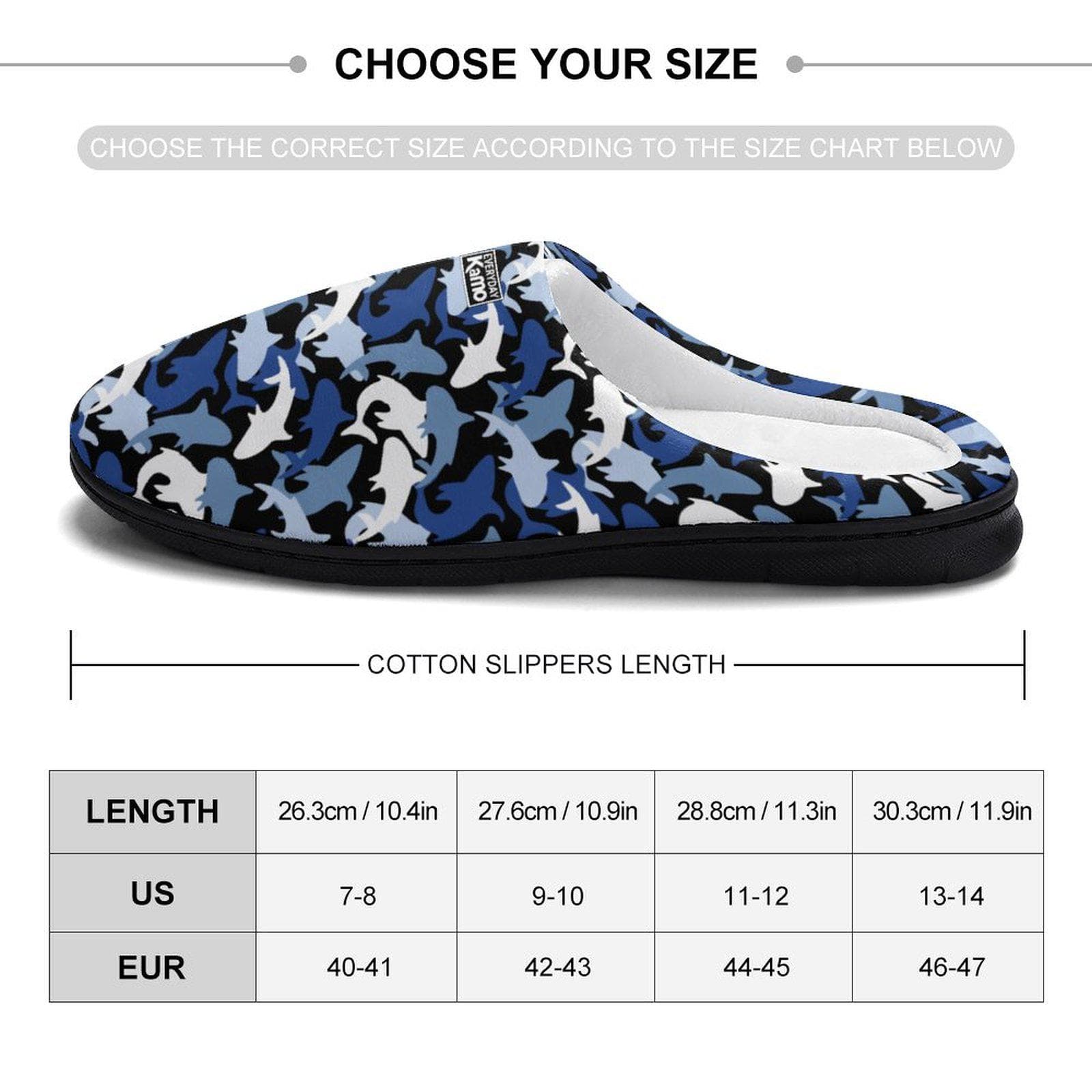 Everyday Kamo Men's Shark Camo Slippers | Cozy Blue Ocean Print House Shoes with Anti-Skid Sole