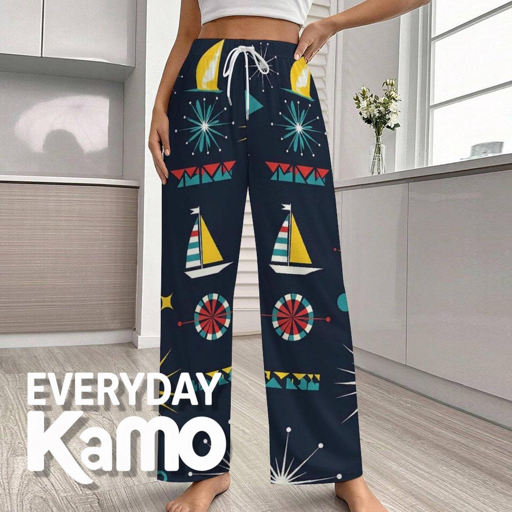 Women's Nautical Sailboat Cotton Pajama Pants | Mid-Century Modern Print