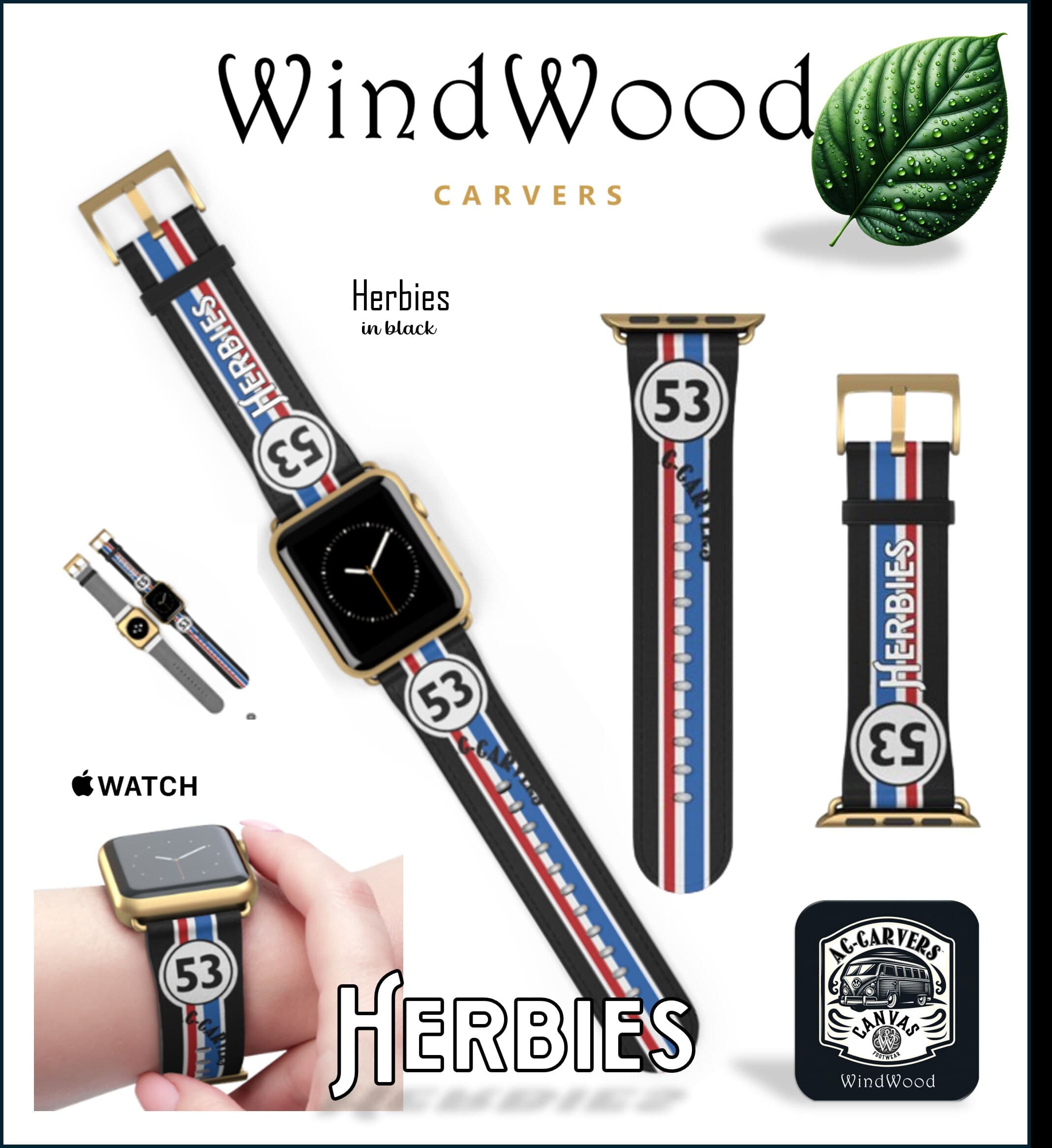 Herbies Black Apple Watch Band | Custom Herbie 53 Stripe Design | All Series