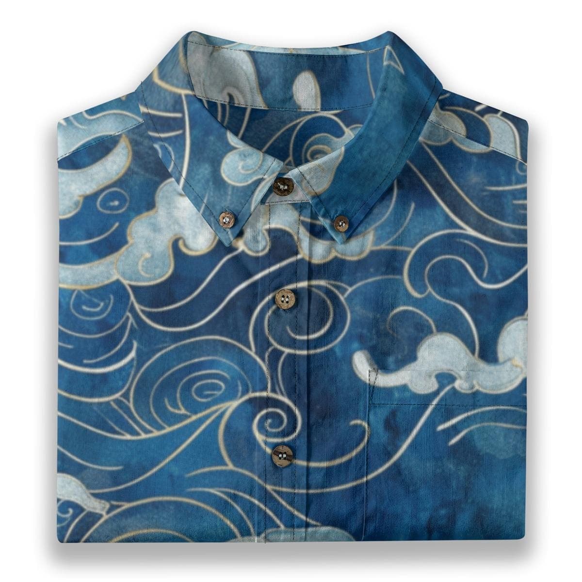 Japanese Waves & Clouds Slub Cotton Button Up Shirt