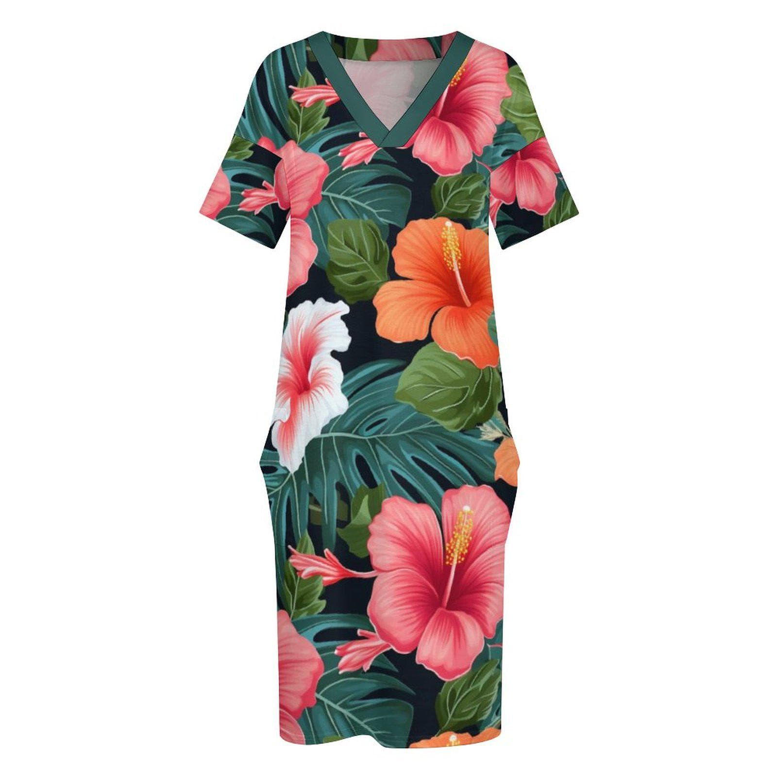 Vibrant Tropical Hibiscus Pocket Dress | Women's Floral Print V-Neck Summer Shift Mini