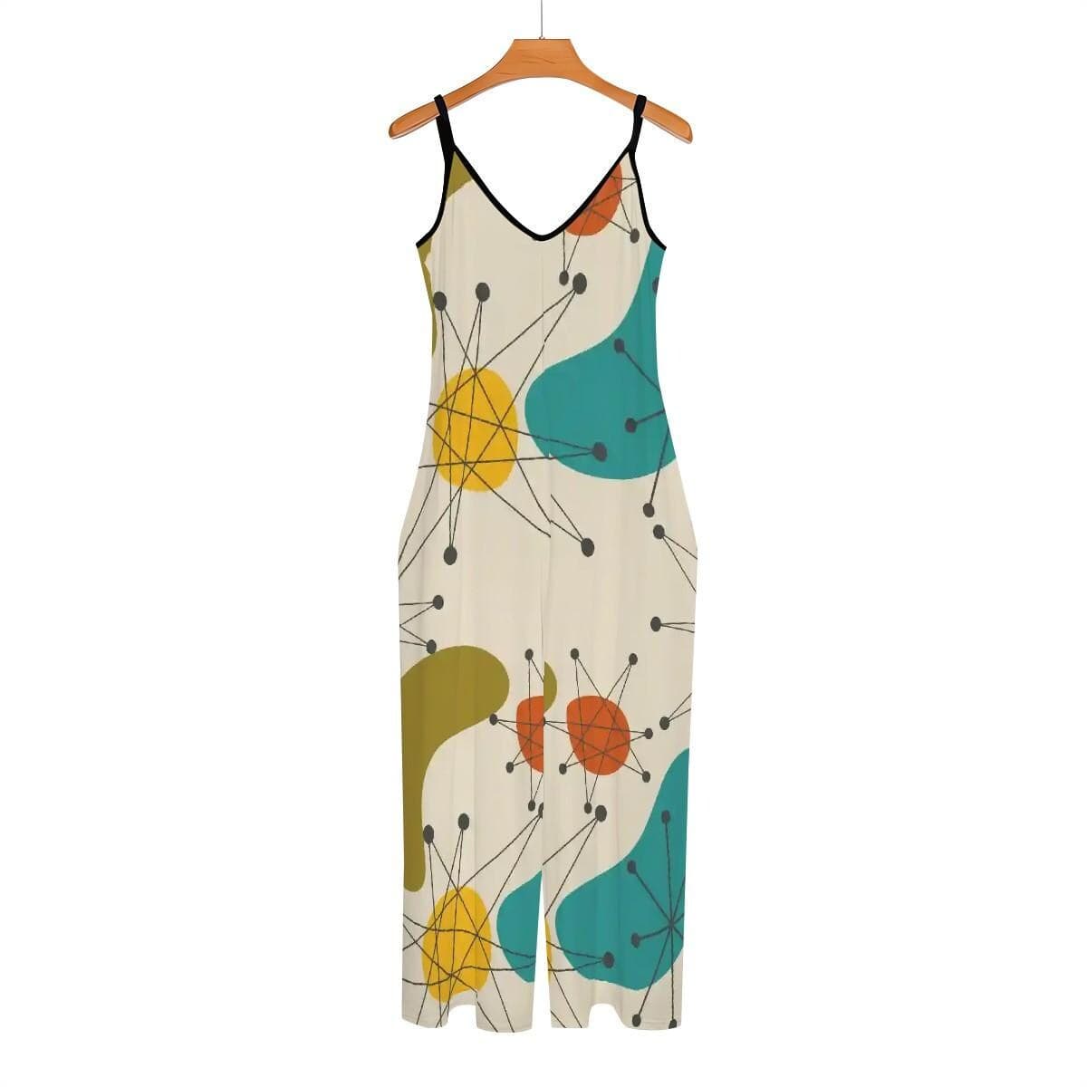 Mid-Century Atomic Print Wide Leg Jumpsuit | Comfy V-Neck Culotte Loungewear