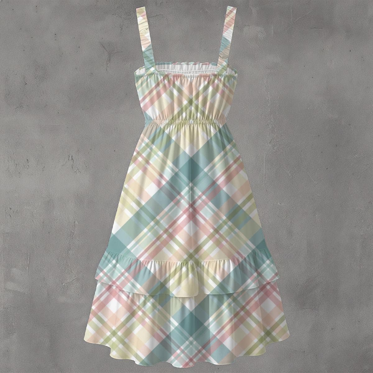Pastel Plaid Ruffle Hem Summer Dress | Breathable Milk Silk Midi Dress | Beach Party Chic