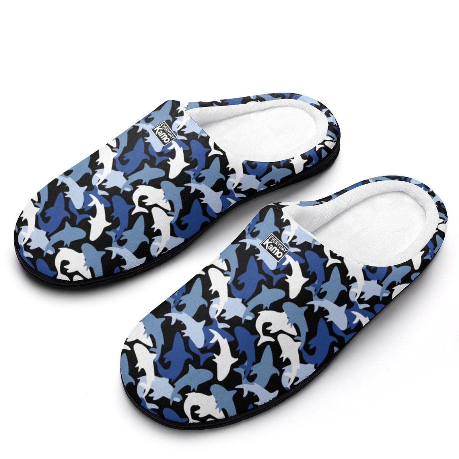 Everyday Kamo Men's Shark Camo Slippers | Cozy Blue Ocean Print House Shoes with Anti-Skid Sole