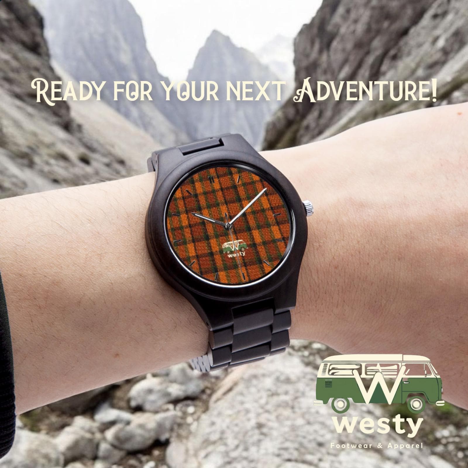 Westy Orange Plaid Wooden Watch | Italian Olive Wood | Van Life Heritage Timepiece | Japanese Citizen Movement | Road Trip Gift