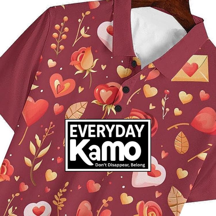 Romantic Hearts & Roses Burgundy Polo Shirt | Valentine's Day Love Print | Everyday Kamo