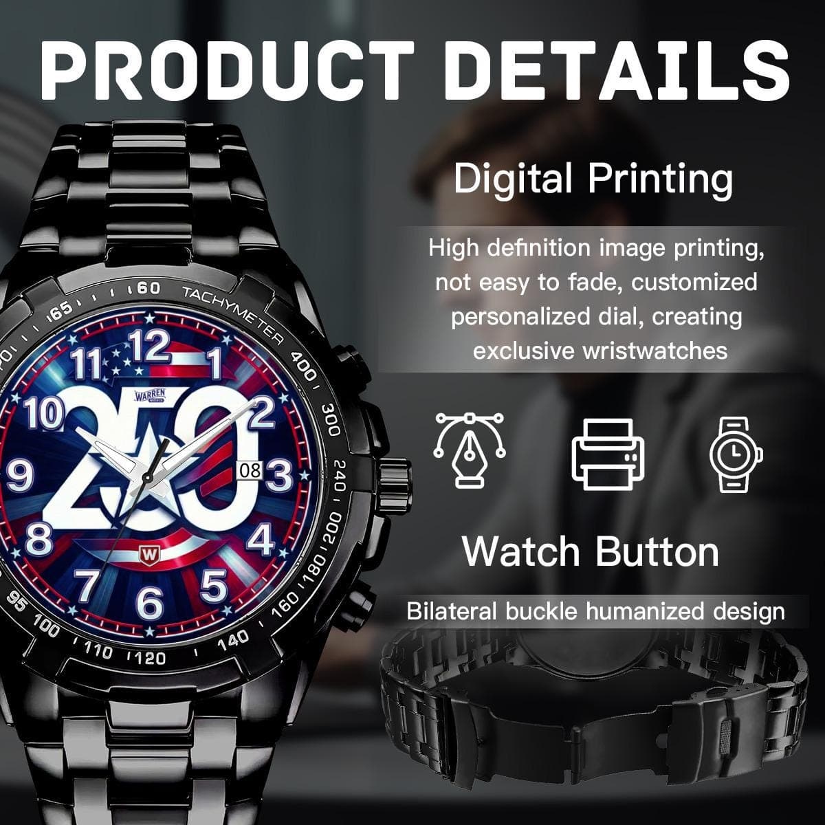 Bold American Pride 250th Anniversary Chronograph Watch - Metal Band, Crystal Mirror, Everyday Style