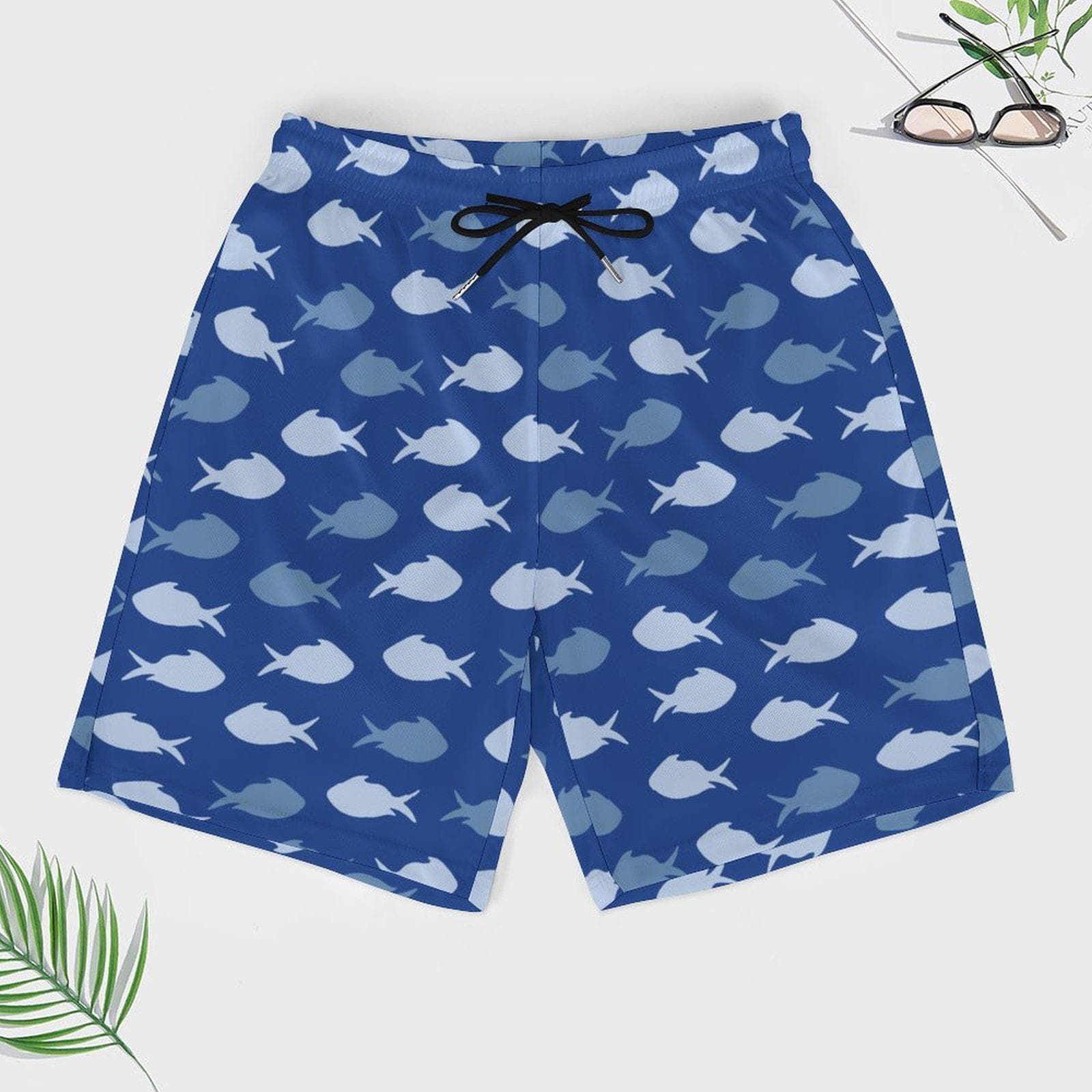 Men's Blue Fish Pattern Swim Trunks | Quick Dry Beach Shorts with 4 Pockets