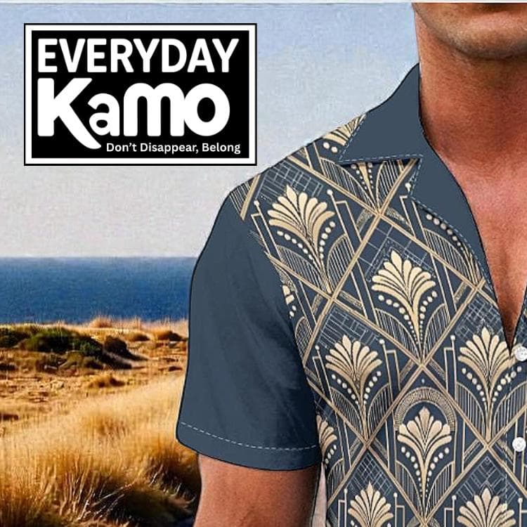 Art Deco Hawaiian Shirt | Men's Vintage Gold Navy Camp Collar Button Up | Summer Short Sleeve Aloha