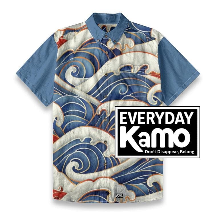 Japanese Wave Cotton Shirt | Men's Ocean Print Aloha Top | Slub Cotton Summer Button Up