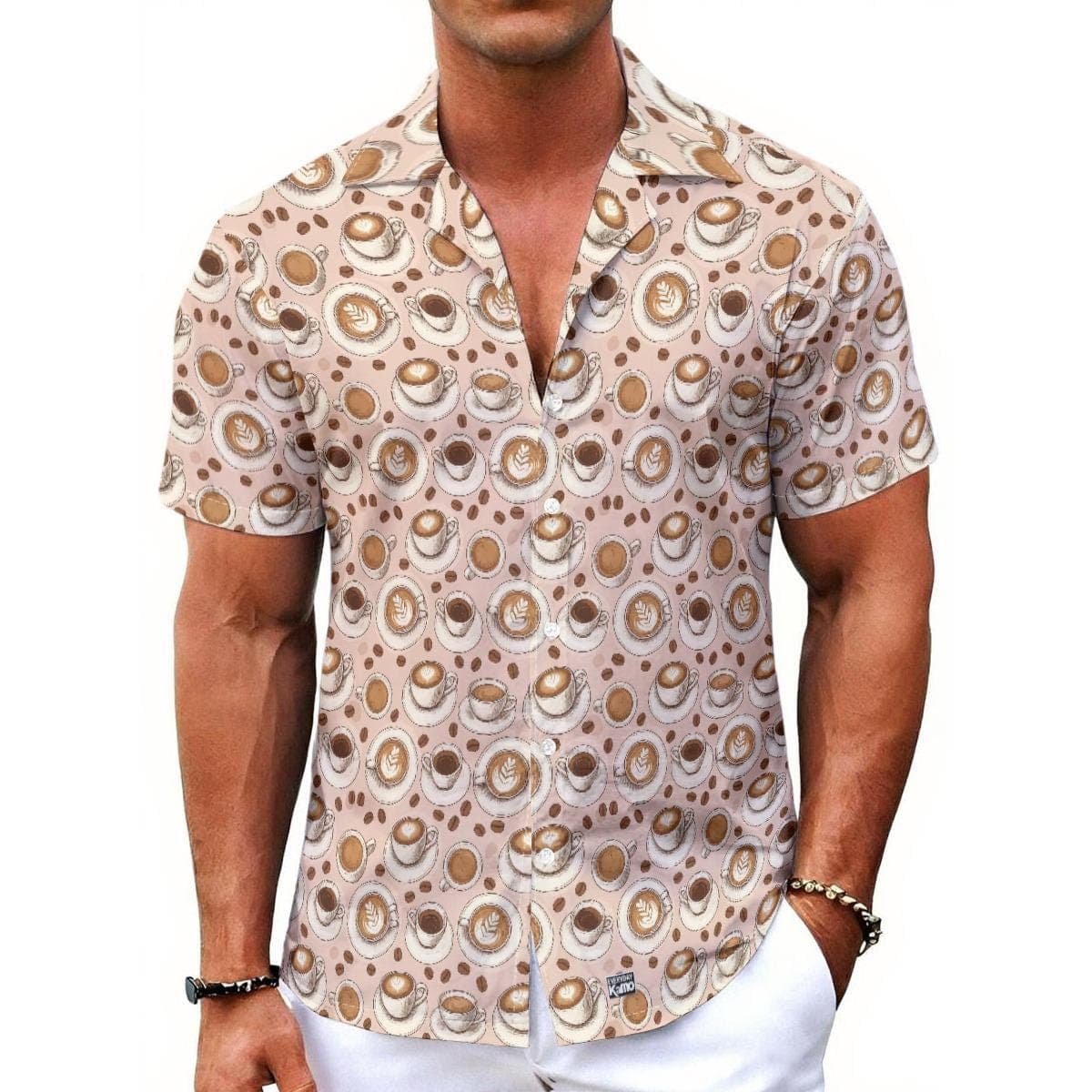 Men's Coffee Lover Hawaiian Shirt | Latte Art & Coffee Bean Print Casual Button-Up | Breathable Summer Vacation Top