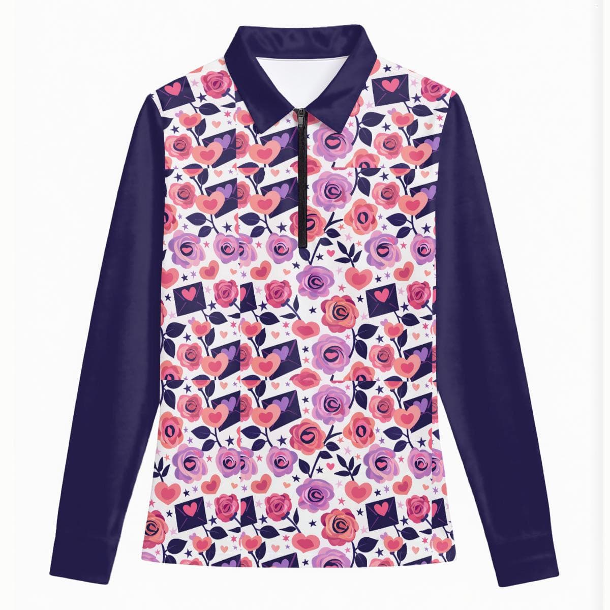 Everyday Kamo | Floral Heart Quarter-Zip Long Sleeve Polo | Women's Active & Casual Stretch Top