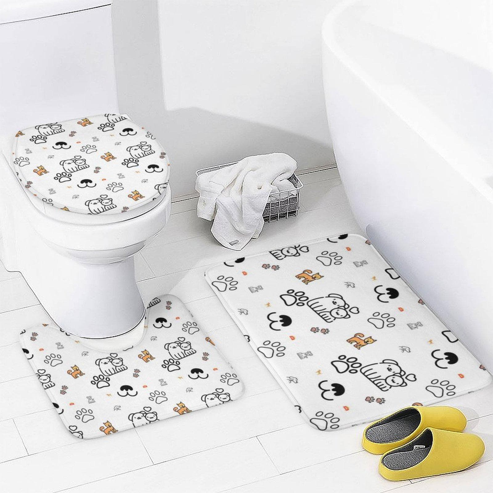 Cute Cat Dog 4-Piece Bathroom Set Shower Curtain Bath Mat Toilet Cover