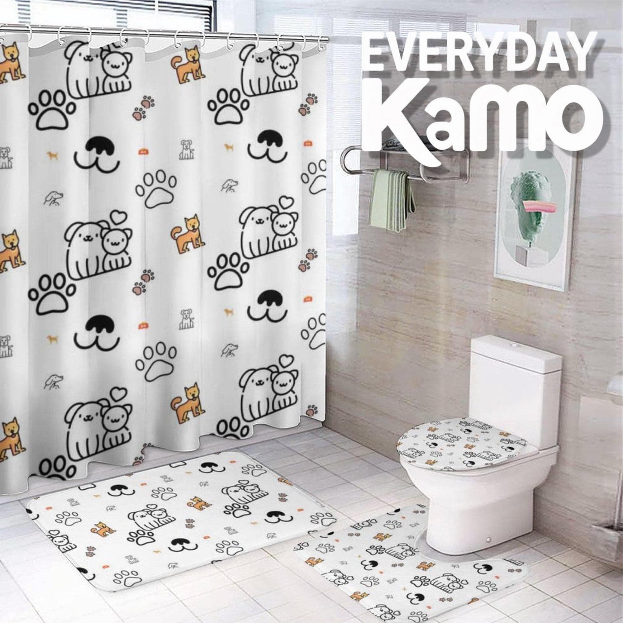 Cute Cat Dog 4-Piece Bathroom Set Shower Curtain Bath Mat Toilet Cover