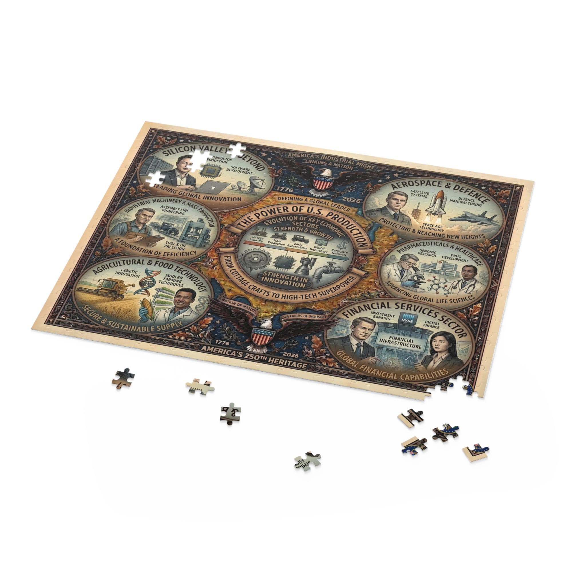 USA 250th Anniversary Illustrated Puzzle | 252/500 Piece Chipboard | Handcrafted
