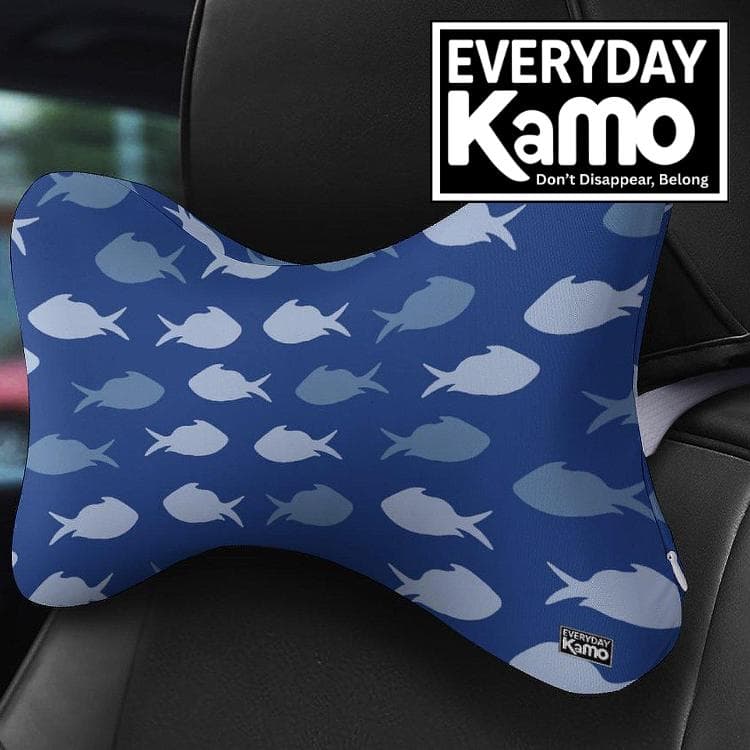 Everyday Kamo Deep Dive Car Headrest Pillow | Memory Foam Neck Support with Blue Fish Pattern | Coastal Driving Comfort