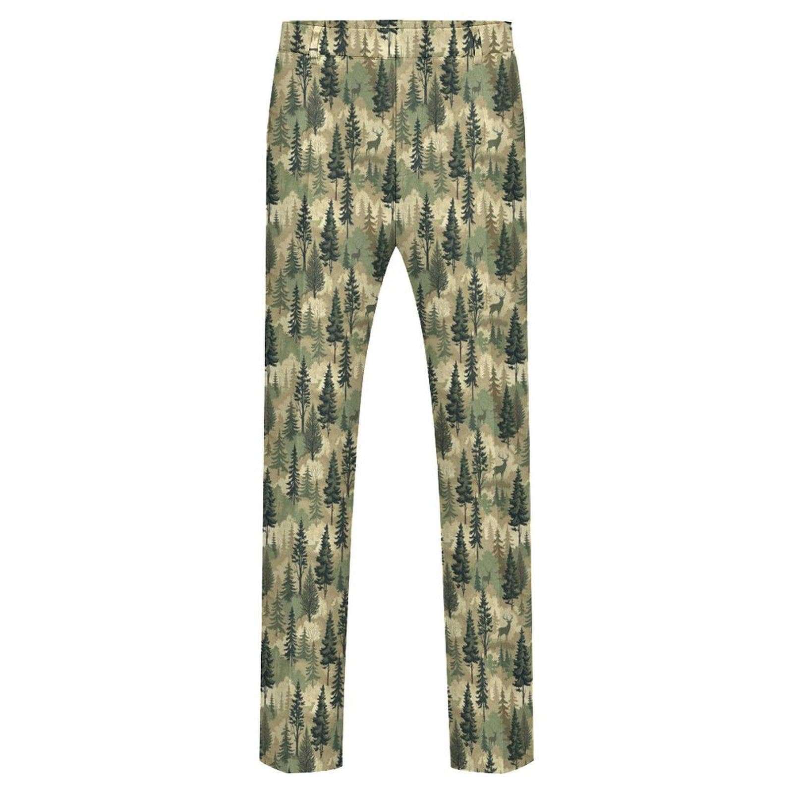 Men's Forest Camo Deer Print Pants | British Knit Fabric Casual Suit Trousers