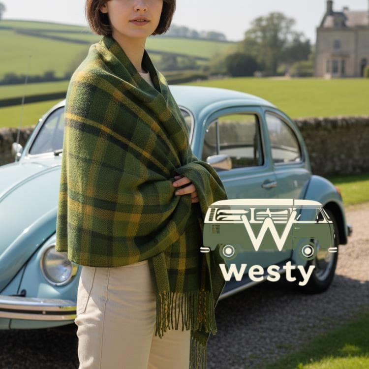 Westy Westfalia Camper Scarf - Vintage VW Green Tassel Wrap