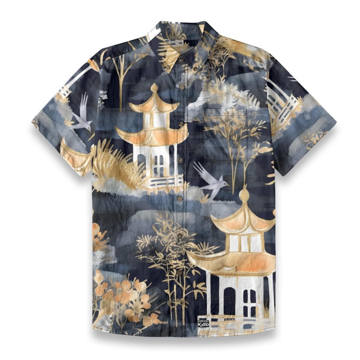 Mens Japanese Pagoda Crane Slub Cotton Shirt | Aloha Resort Wear