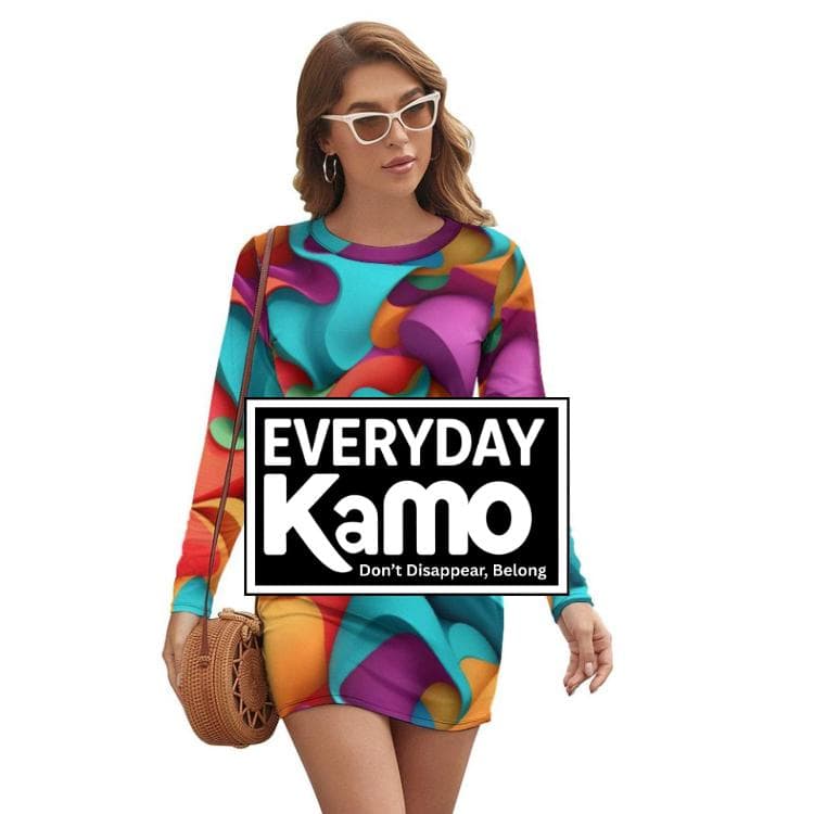 Vibrant Abstract Print Long Sleeve Mini Dress | Comfortable Everyday Round Neck Dress | Psychedelic Art Women's Short Dress