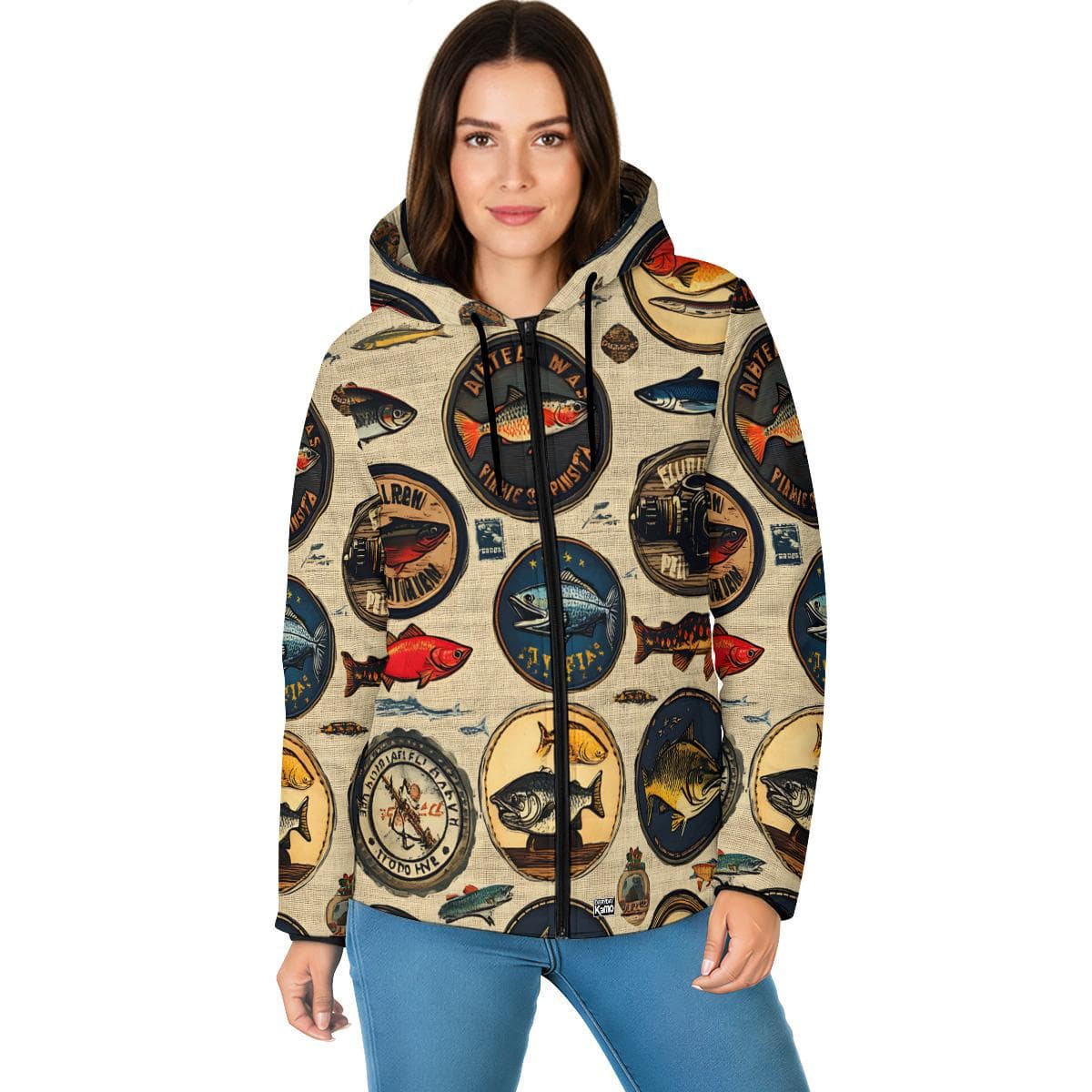 Vintage Fishing Print Puffer Jacket | Angler Hooded Windbreaker | Women's Unique Fish Pattern Winter Coat