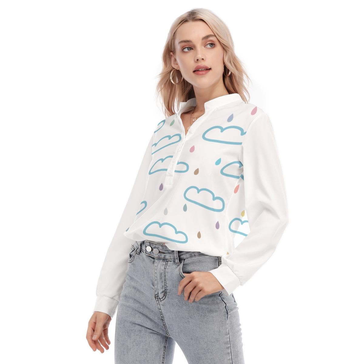Cloud & Raindrop Blouse | Whimsical Button Up, Long Sleeve Top