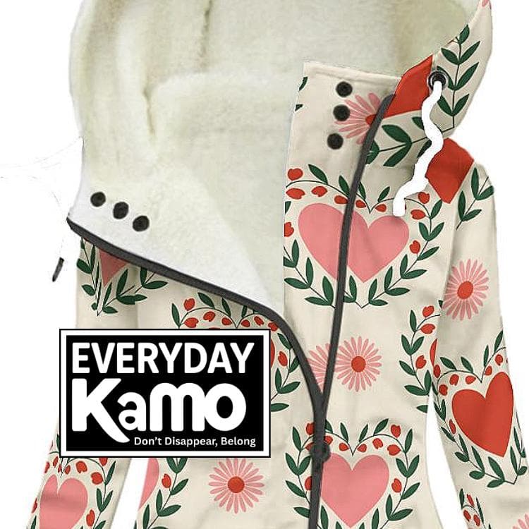 Women's Heart Floral Plush Lined Hoodie Jacket | Oblique Zip Winter Coat