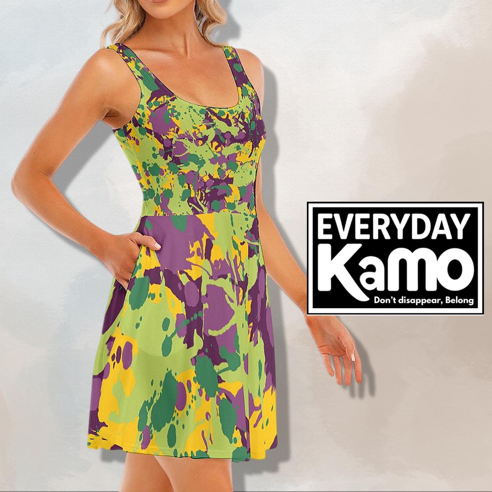 Vibrant Urban Kamo Skater Dress with Pockets - "Don't Disappear, Belong"