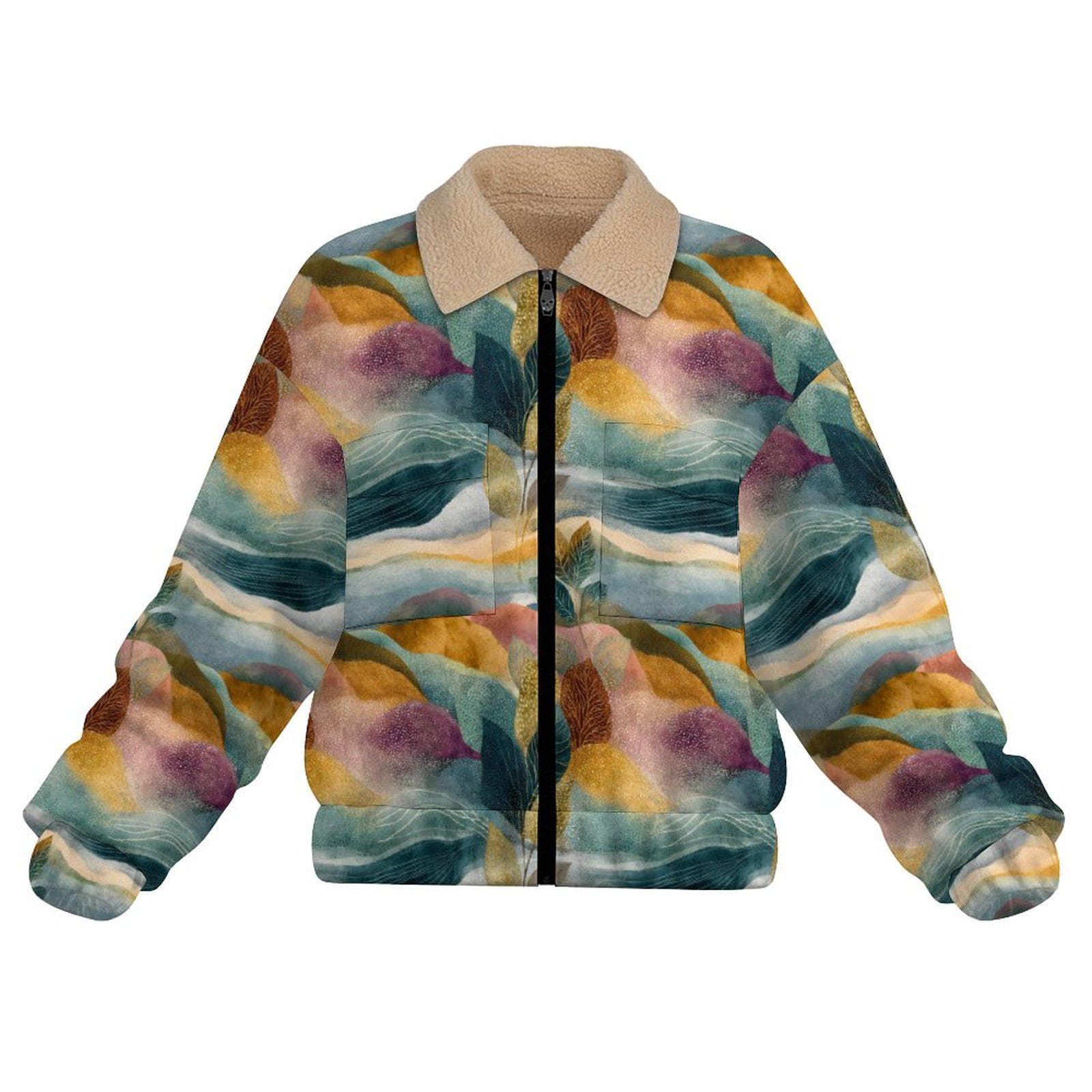 Artistic Abstract Fleece Jacket | Colorful Sherpa Collar Bomber | Unique Botanical Print Women's Coat