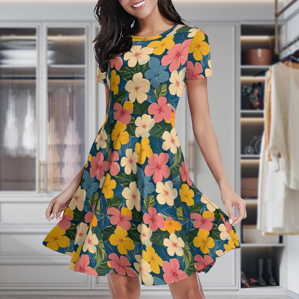Tropical Bloom Flowy Mini Dress | Women's Short Sleeve Floral Summer Dress | Hawaiian Vacation Beach Cover-Up | Casual Everyday Sundress