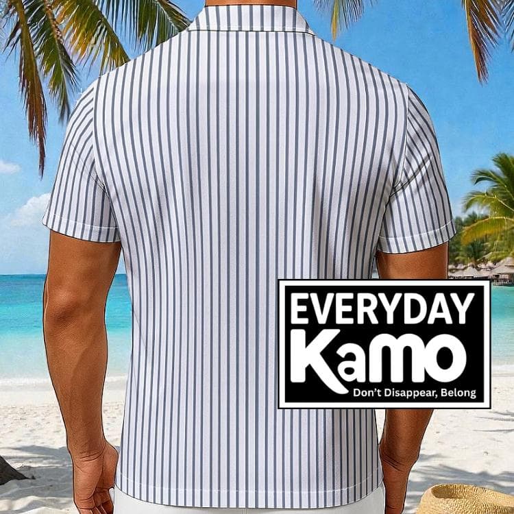 Men's Classic Striped Revere Collar Shirt | White Grey Vertical Stripe Short Sleeve Button-Up | Summer Beach Vacation Shirt
