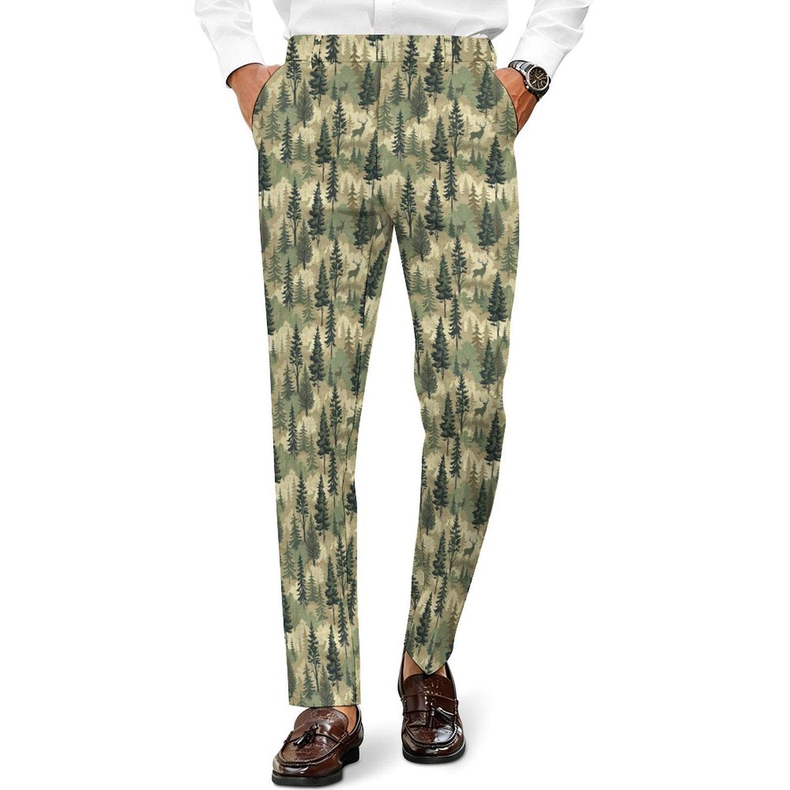 Men's Forest Camo Deer Print Pants | British Knit Fabric Casual Suit Trousers