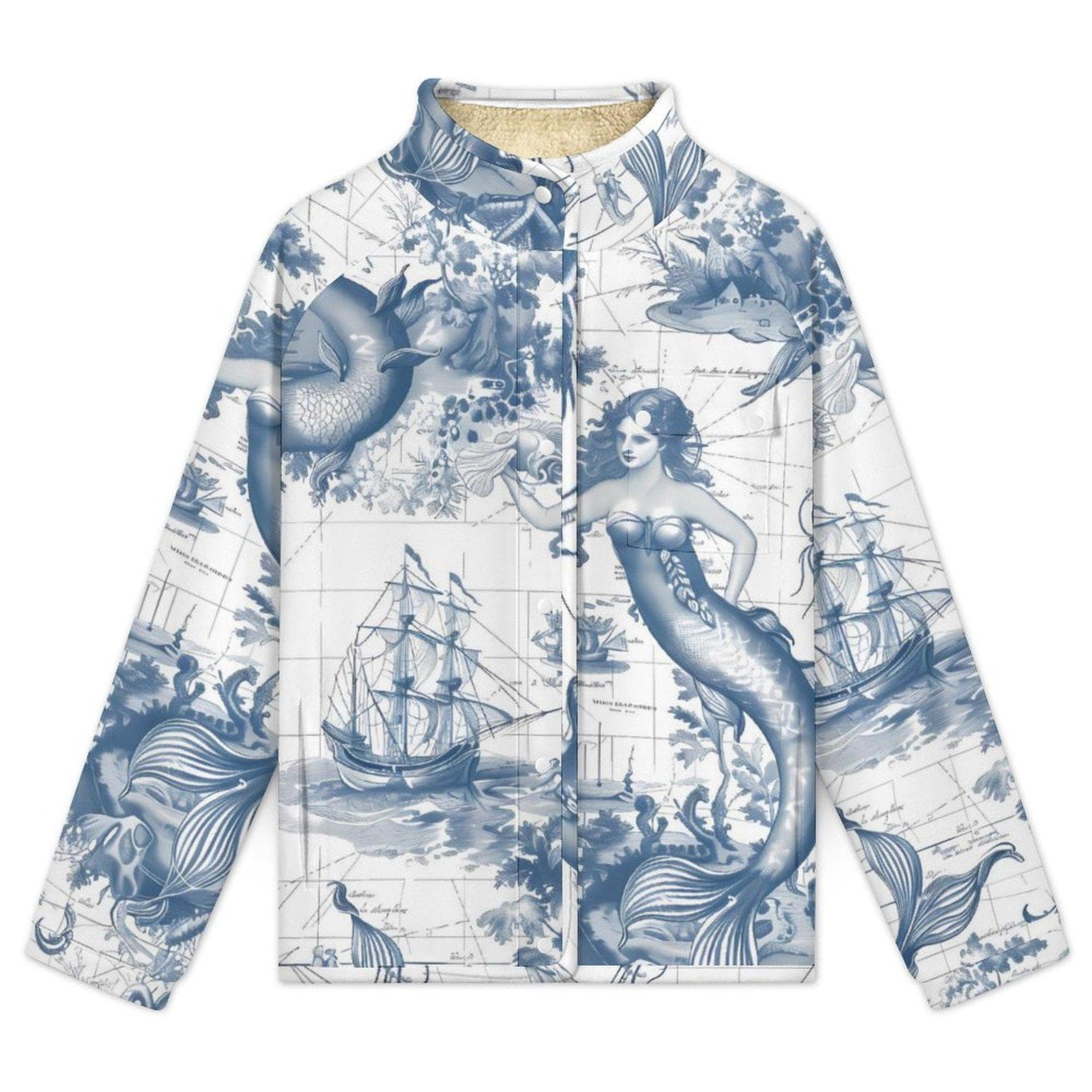 Coastal Explorer Mermaid Fleece Jacket - Nautical Map Toile Print Sherpa Lined Stand-Up Collar Cozy Outerwear