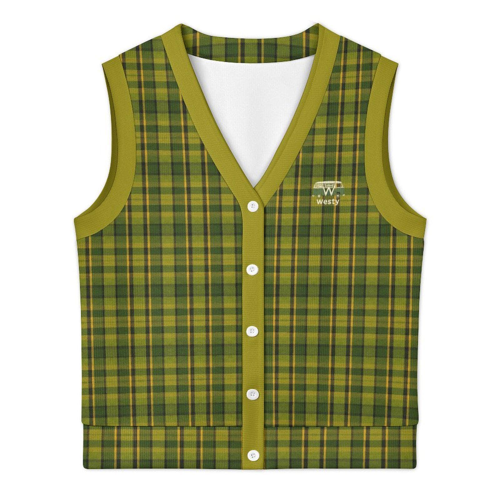 Westy Green Plaid Cardigan Vest - Vintage-Inspired Sleeveless Sweater for Van Life Souls