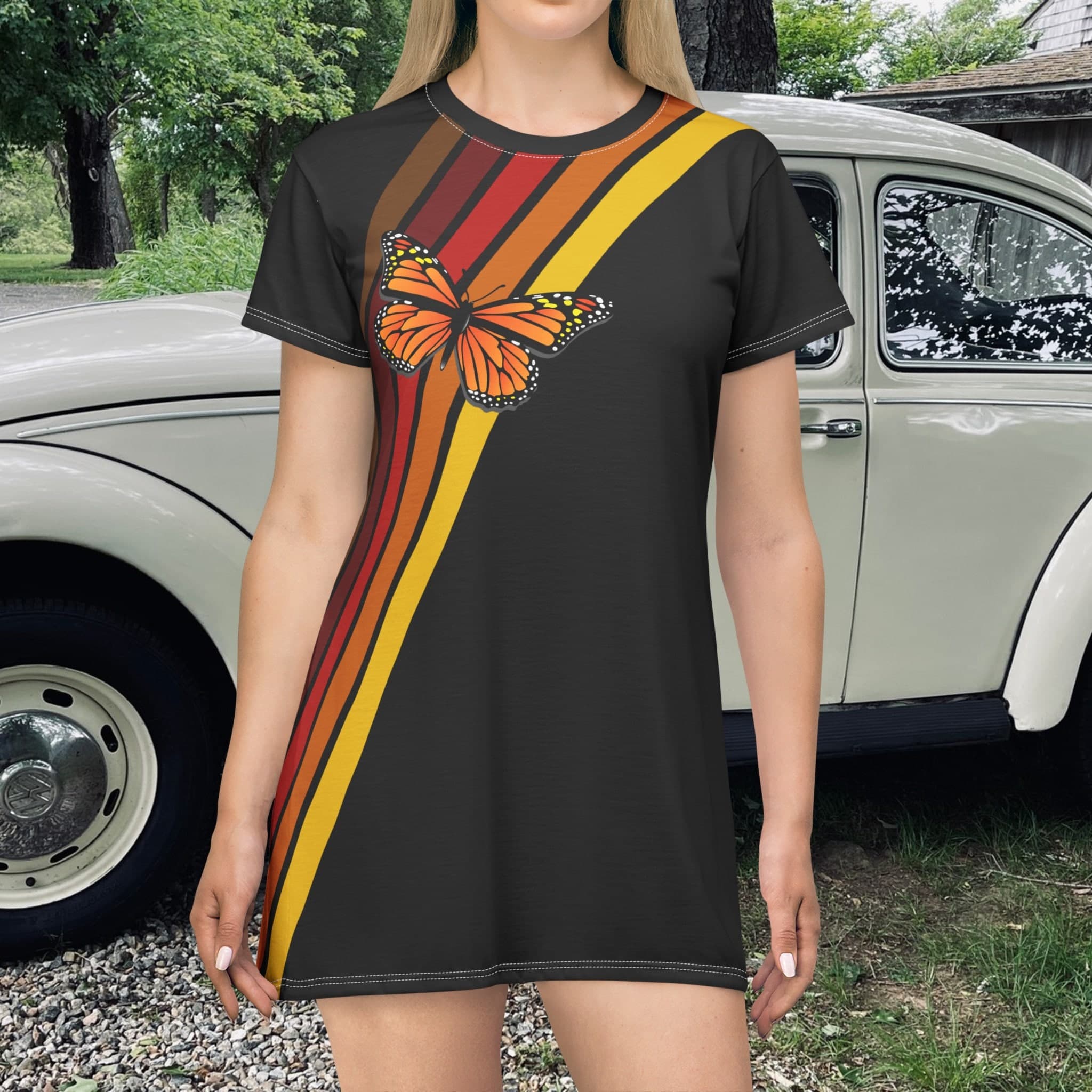 Retro Butterfly VW T-Shirt Dress | Vintage 70s Polyester | Black Graphic