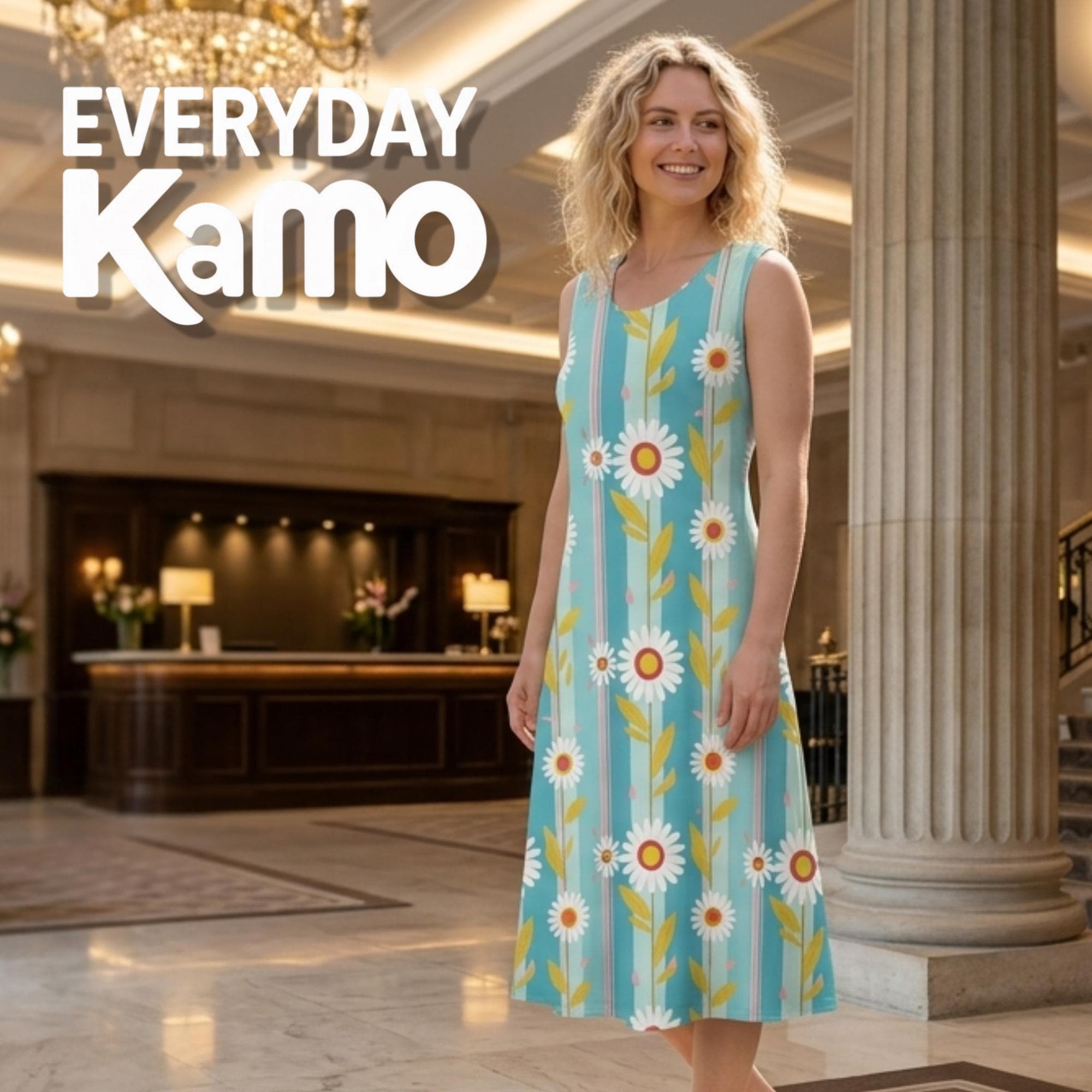 Daisy Stripe Sleeveless Midi Dress, Women's Cotton Slub A-Line Summer Dress, Floral Beach Vacation Outfit, Lightweight Flowy Casual
