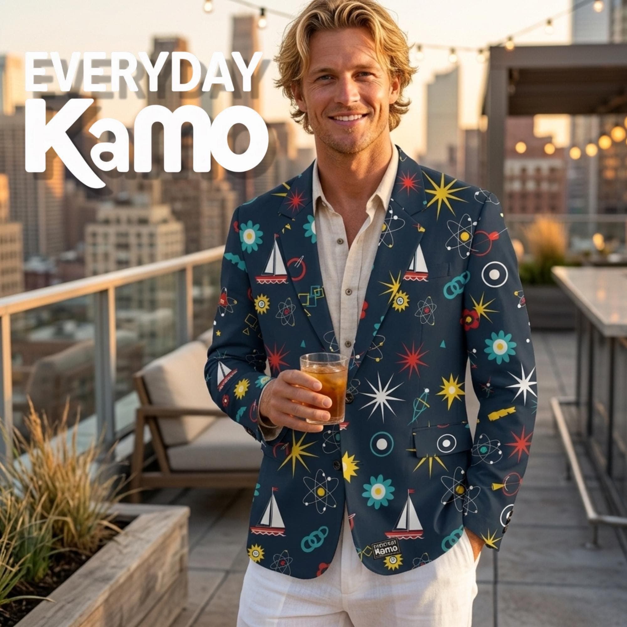 Unique Atomic Retro Blazer, Men's Funky Print Cotton Jacket, Science & Sailor Design Casual Blazer, Boho Flat Lapel Lightweight