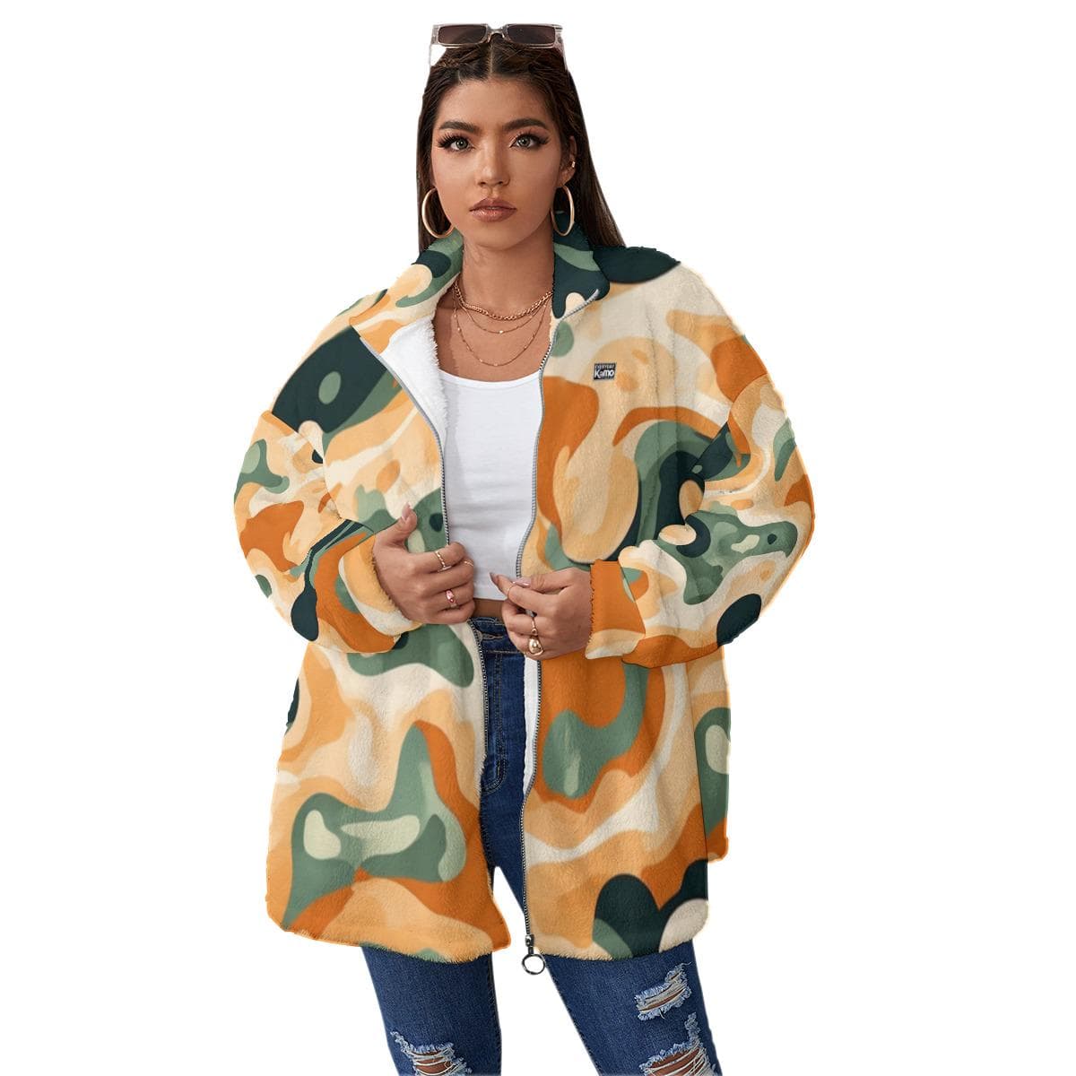 Abstract Camo Borg Fleece Jacket, Oversized Sherpa Coat