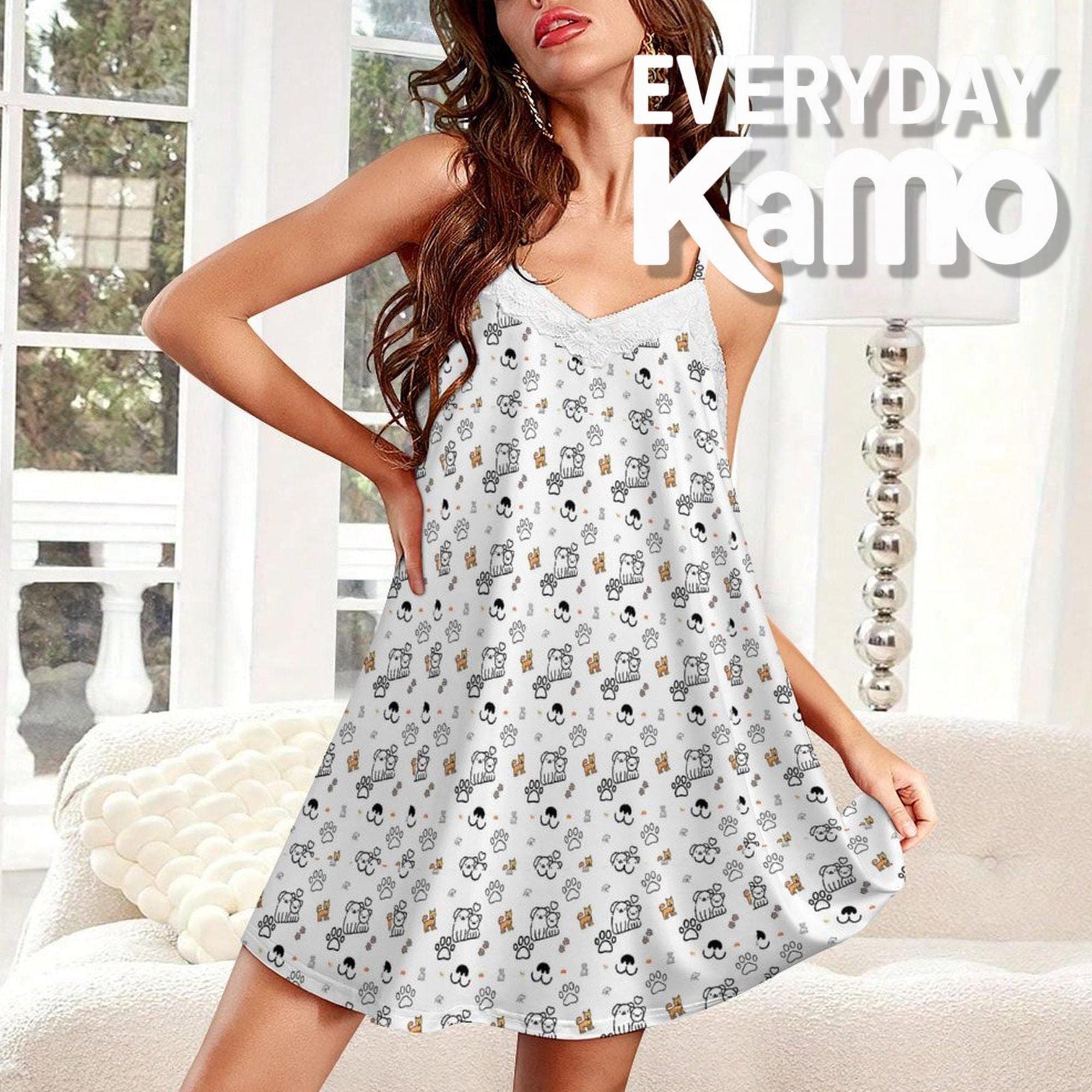 Dog Print Milk Silk Camisole Nightgown - Lace Trim Sleepwear