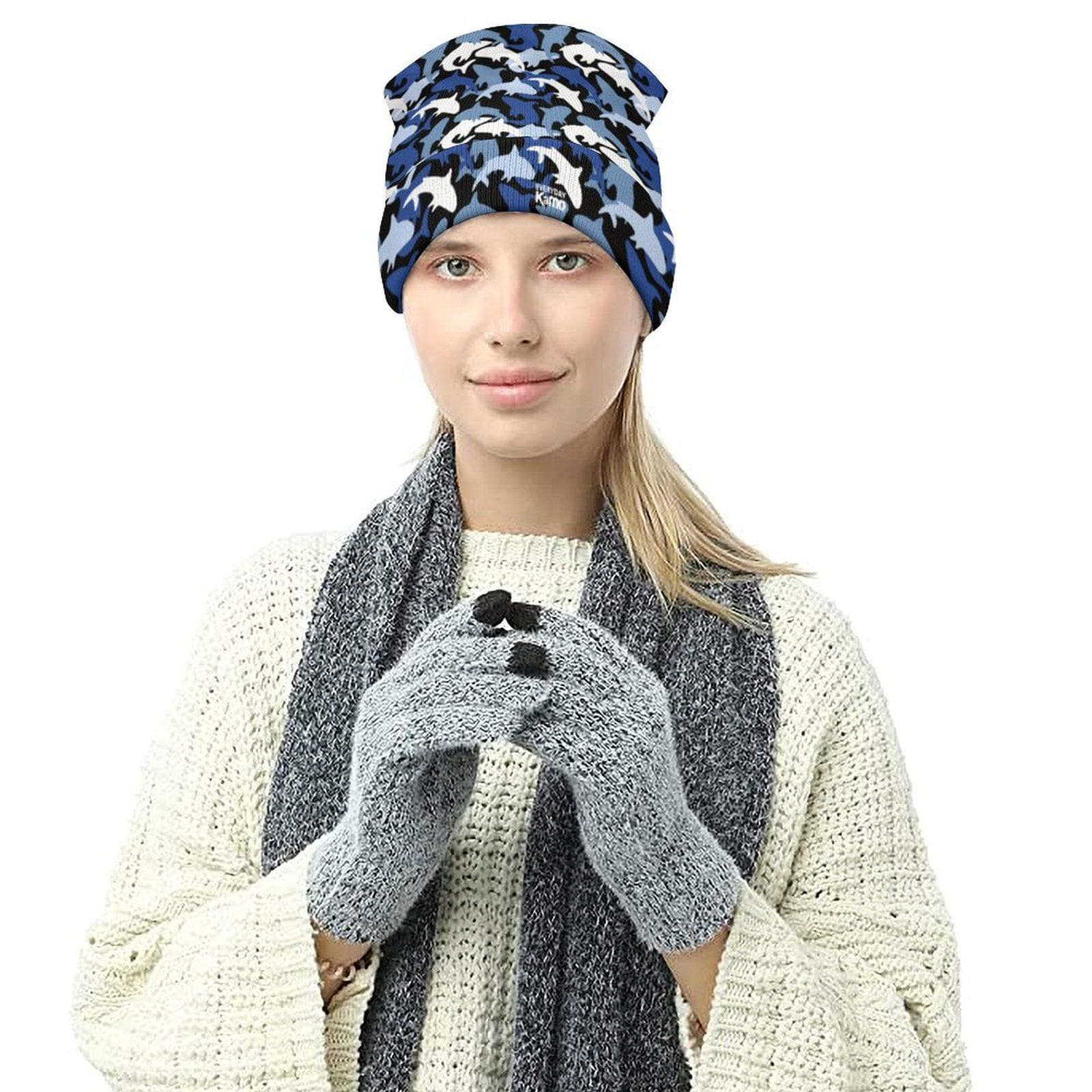 Everyday Kamo Shark Camo Beanie | Blue & Black Knit Hat | Cozy Winter Warmth | Unique Marine Camouflage Cap