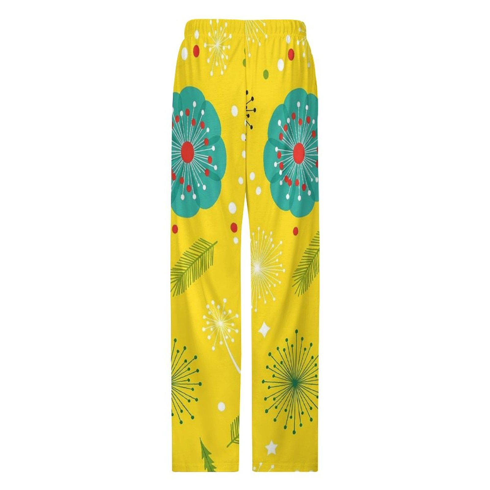 Yellow Dandelion Cotton Pajama Pants for Women, Floral Lounge Sleep Bottoms, Soft PJs, Wide Leg, DTG Printed Gift