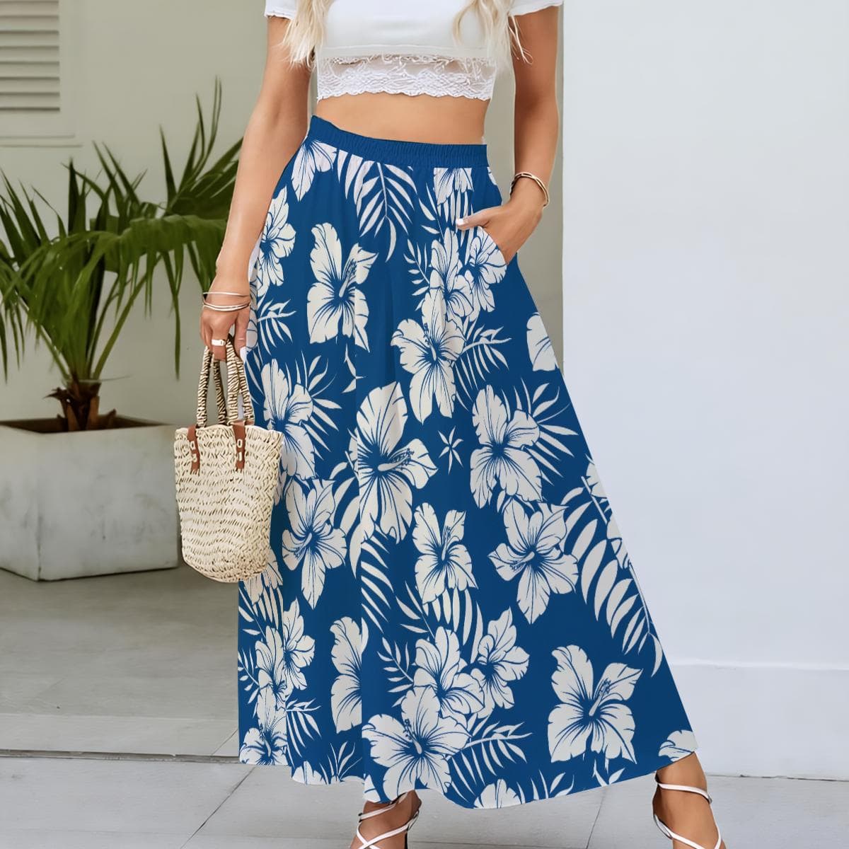 Blue Floral Maxi Skirt | Elastic Waist Lightweight Polyester Beach Boho
