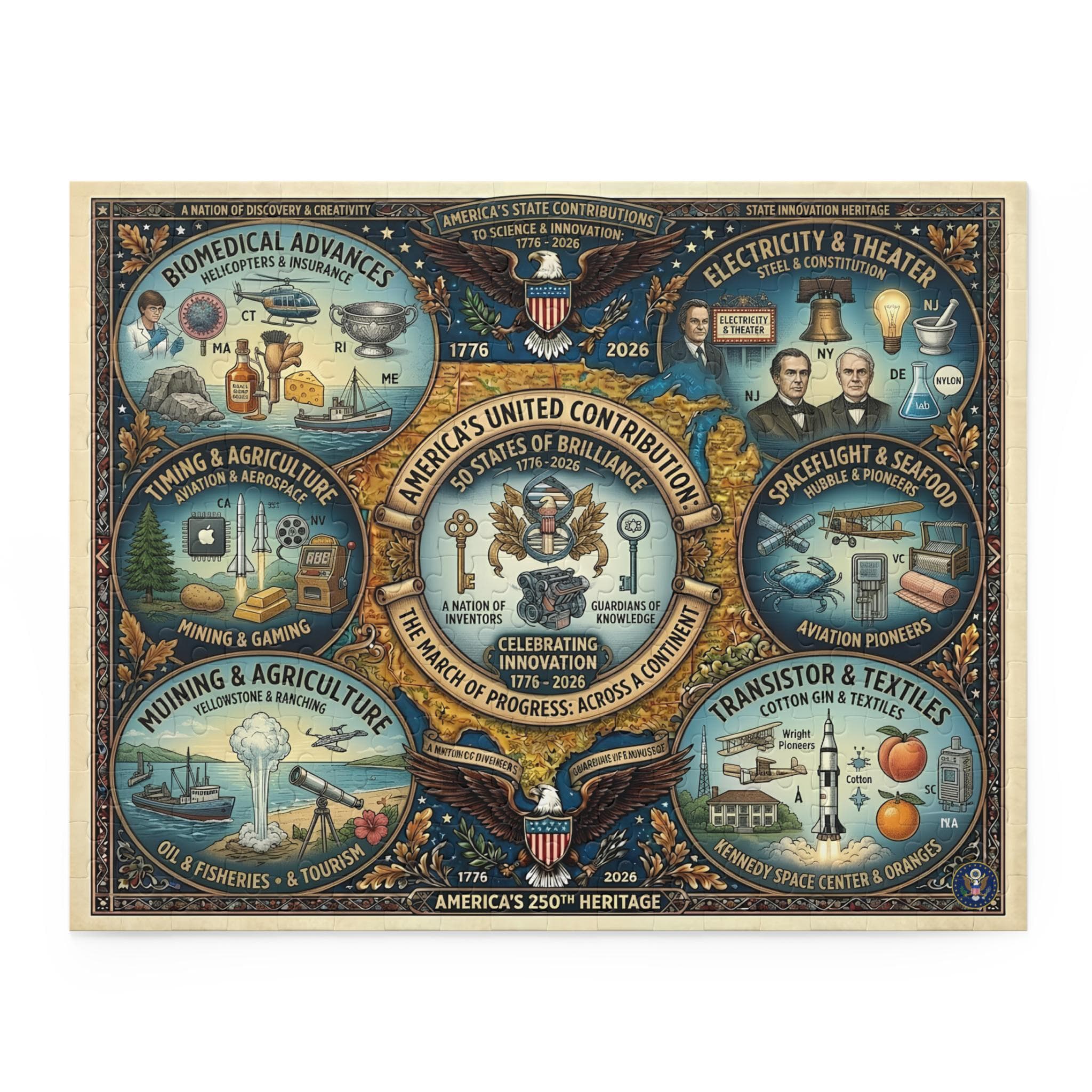 USA 250th Heritage Illustrated Puzzle | 252/500 Piece Chipboard | State Landmarks