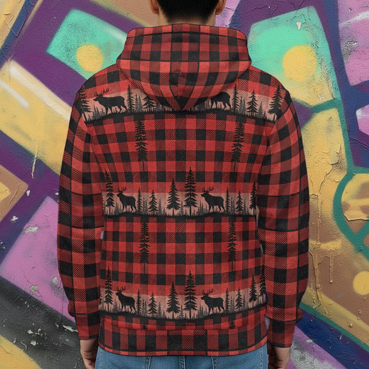 Buffalo Plaid Deer Forest Full-Zip Hoodie | Cozy Wilderness Adventure Jacket | Rustic Fleece Warmth