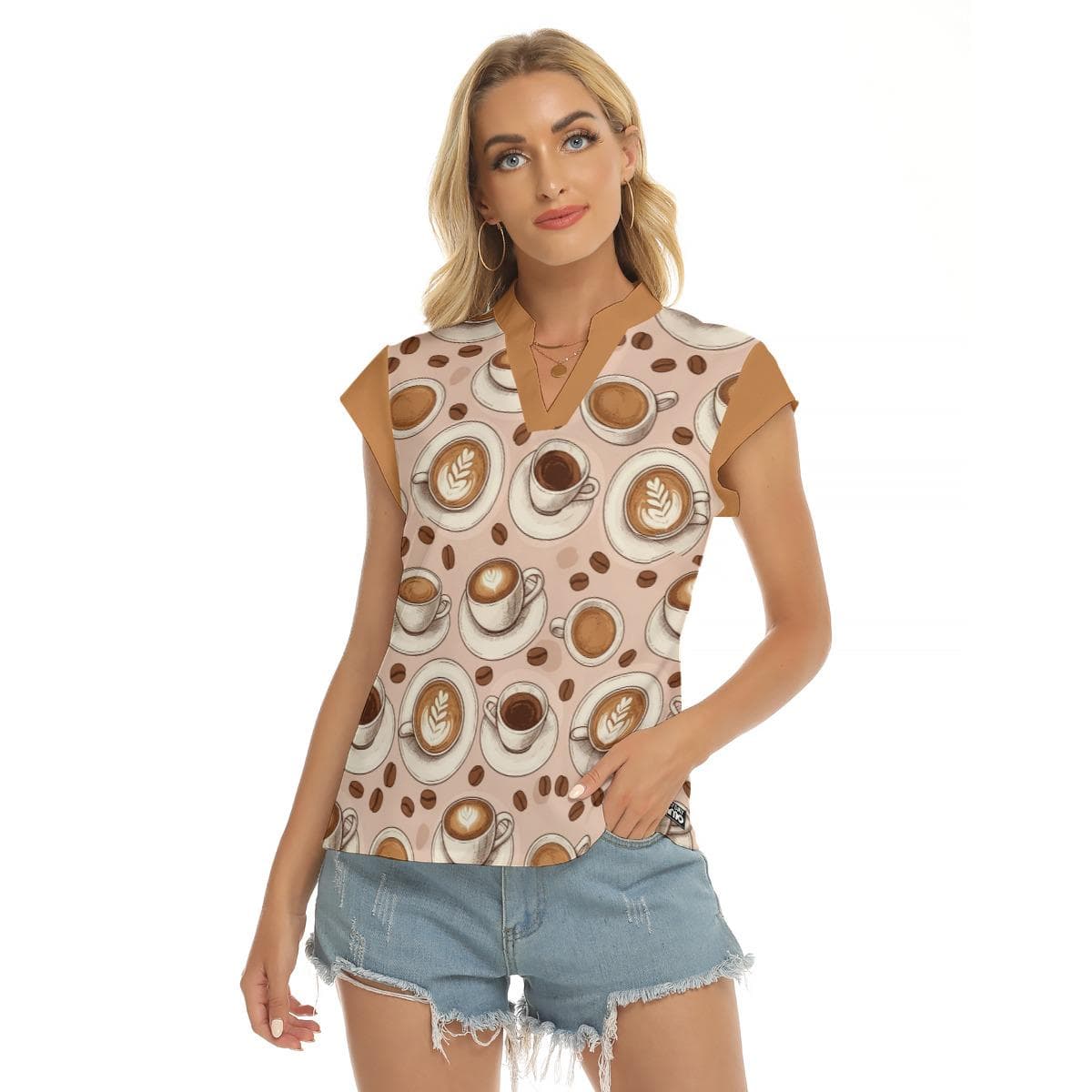 Coffee Lover V-Neck Top - Cute Latte Art & Coffee Bean Print