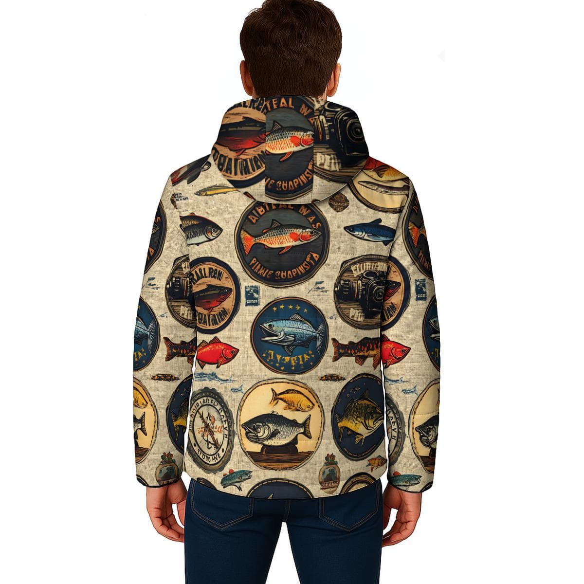 Vintage Fishing Print Puffer Jacket | Angler Hooded Windbreaker | Women's Unique Fish Pattern Winter Coat