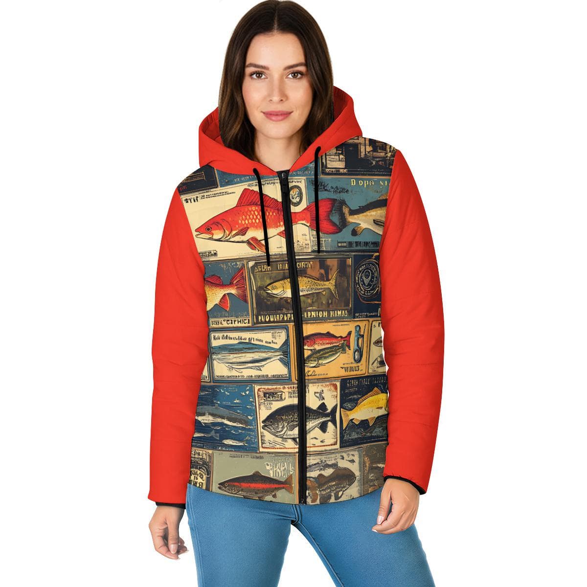 Vintage Fish Print Puffer Jacket – Women's Hooded Winter Coat