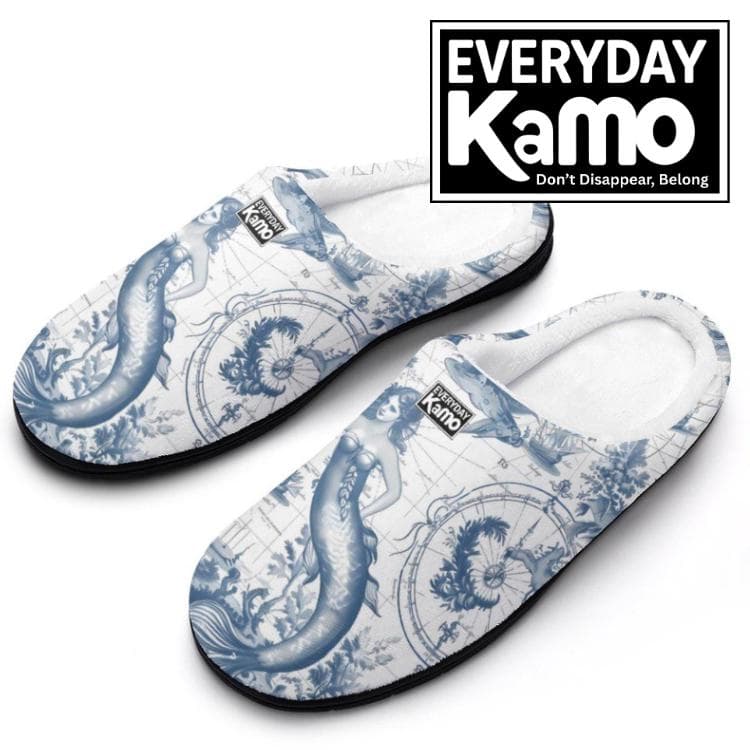 Enchanting Mermaid Toile Cotton Slippers for Women - Cozy Nautical House Shoes with Anti-Skid Sole