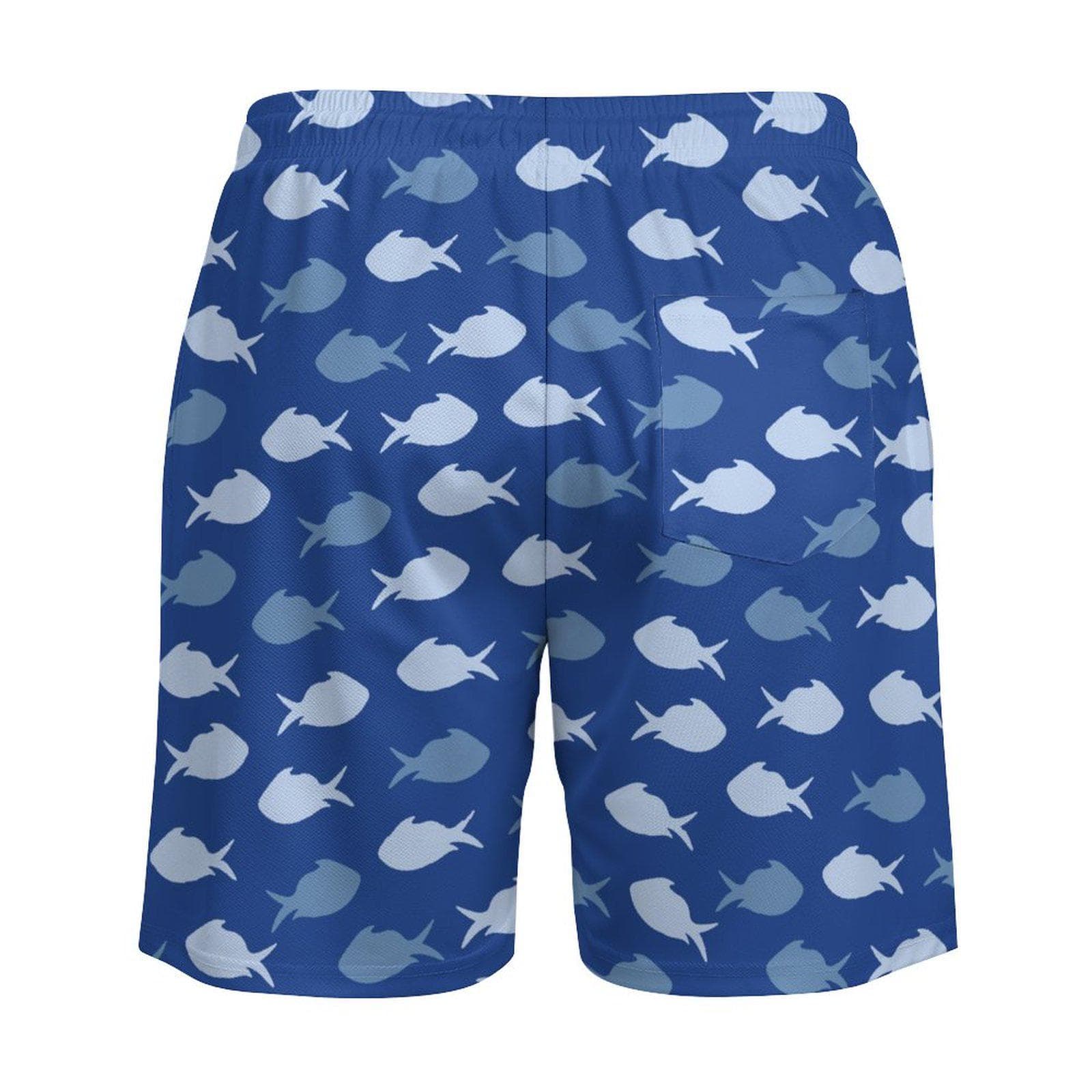 Men's Blue Fish Pattern Swim Trunks | Quick Dry Beach Shorts with 4 Pockets
